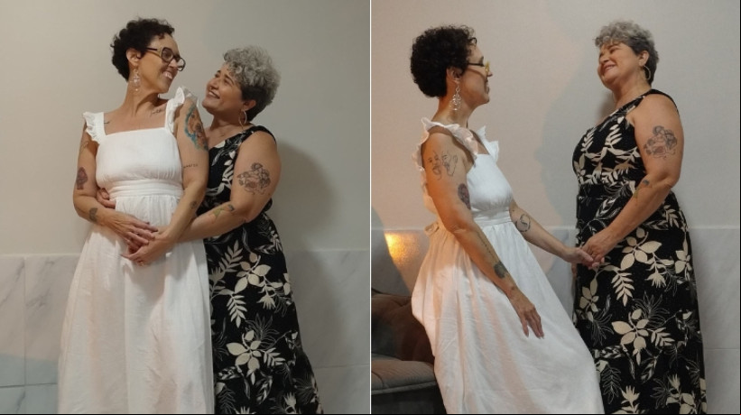 Mariana (de branco) e Adriana Brizeno se conheceram há cerca de 10 anos, em uma igreja evangélica. Hoje, são casadas